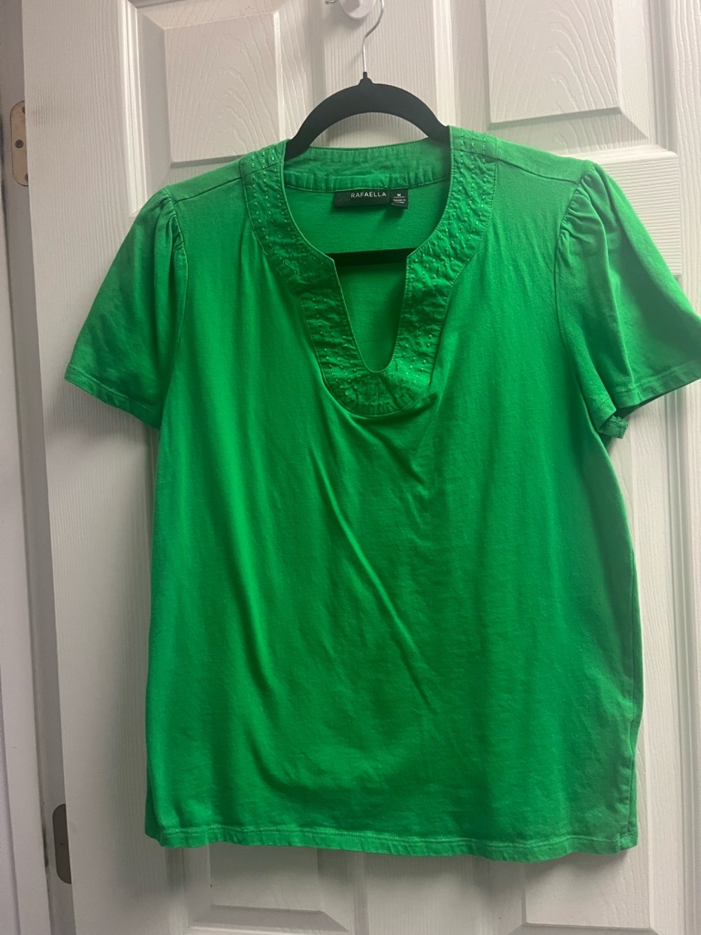 Rafaella Bright Green Short Sleeve Embroidered V-Notch Tee